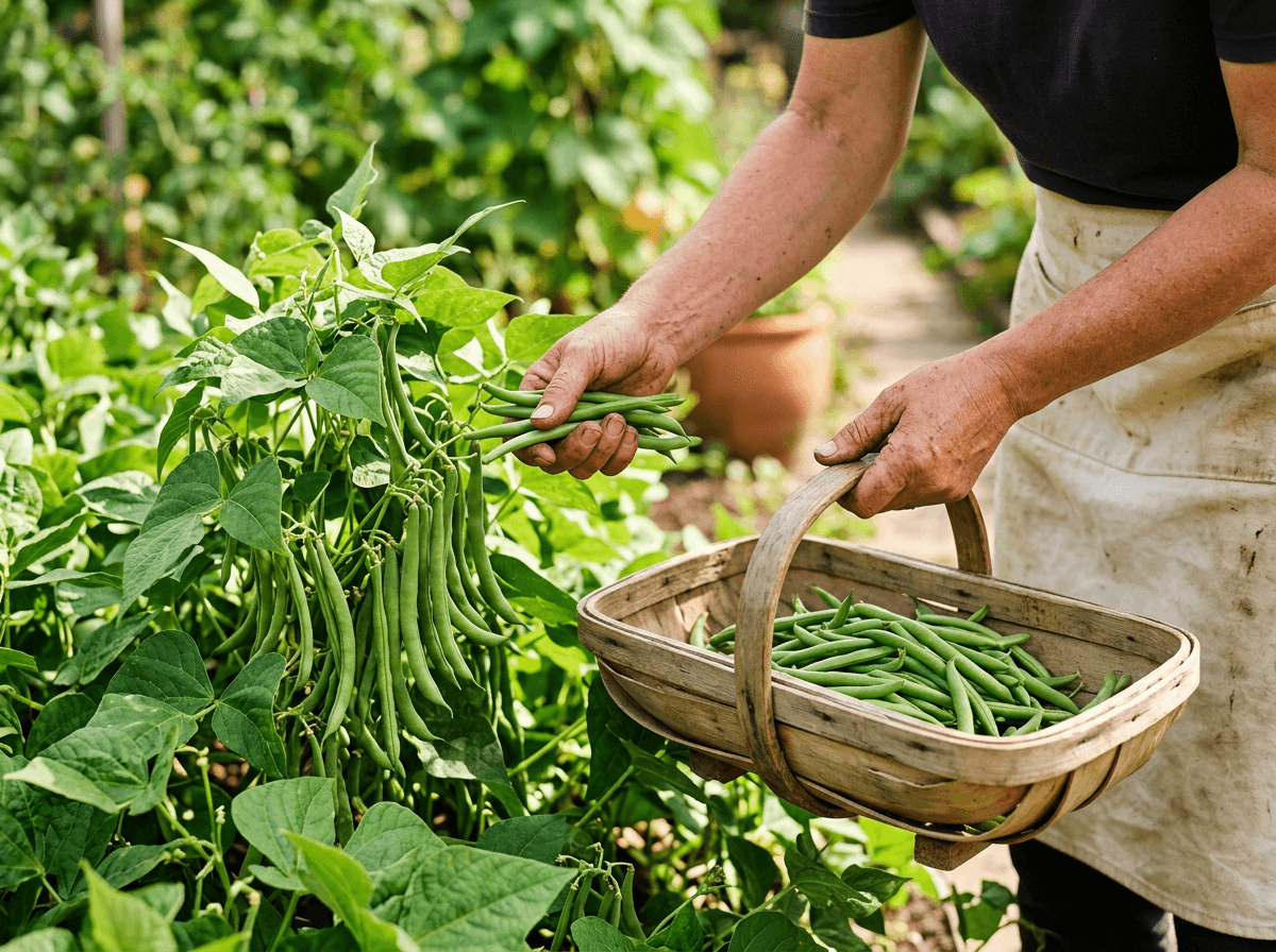 Harvesting fresh green beans from the garden