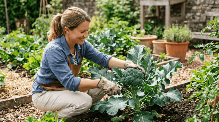 Harvesting a broccoli head from the garden