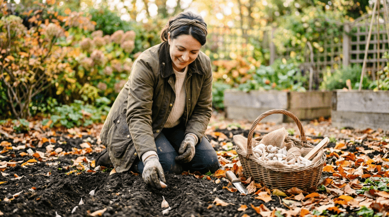 Planting garlic in autumn garden with fallen leaves