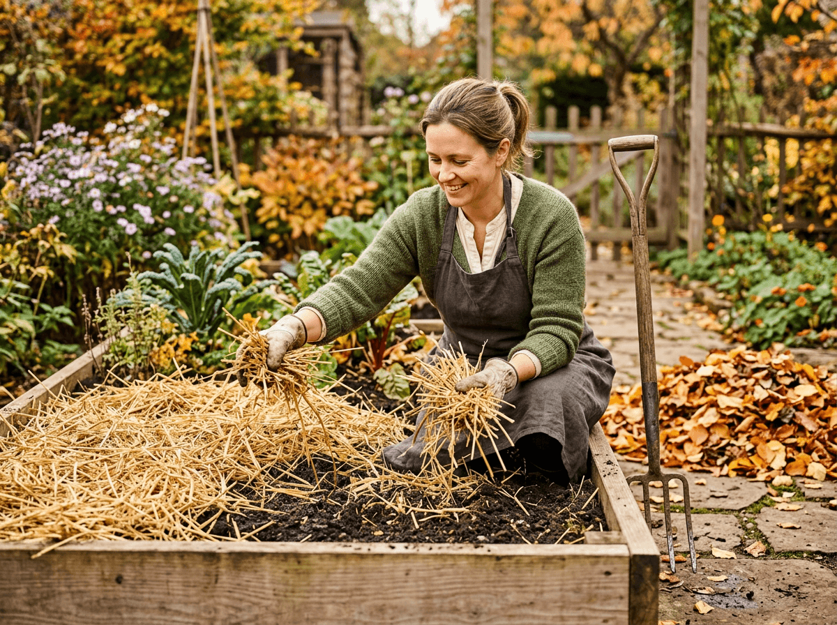 Spreading straw mulch over a raised garden bed in autumn
