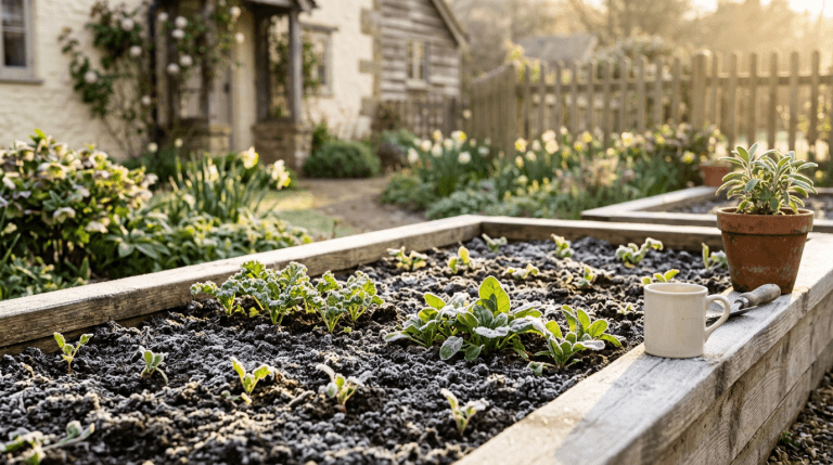 Early spring garden with light frost on soil and emerging seedlings