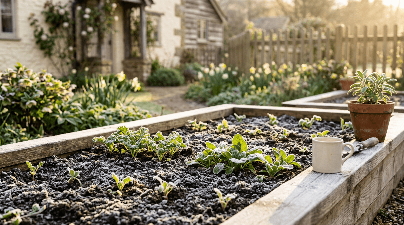 Early spring garden with light frost on soil and emerging seedlings