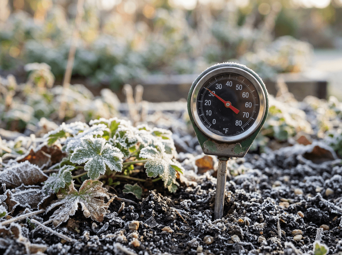 Garden thermometer in soil near freezing - the moment frost dates are all about