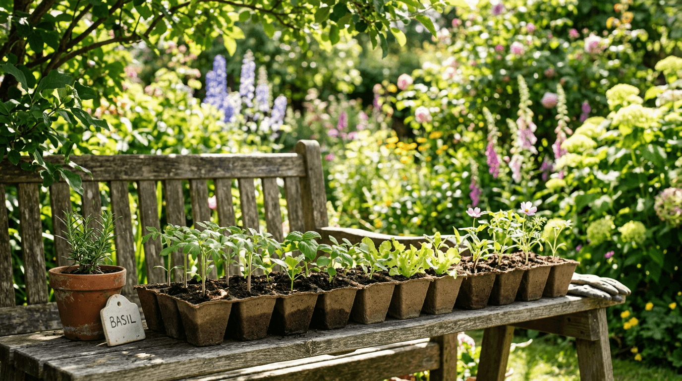 Seedling trays set outside in dappled shade to harden off