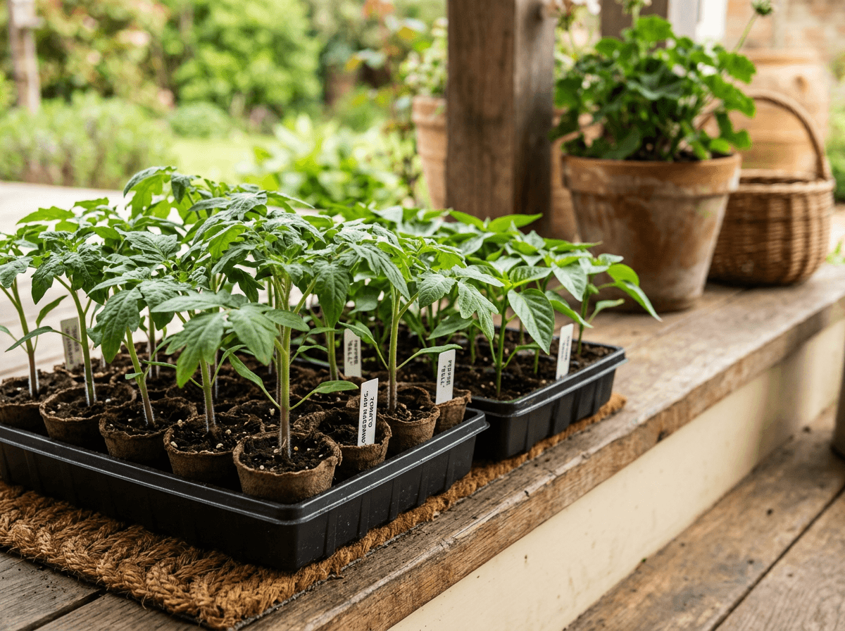 Healthy tomato and pepper seedlings transitioning to outdoor light on a sheltered porch