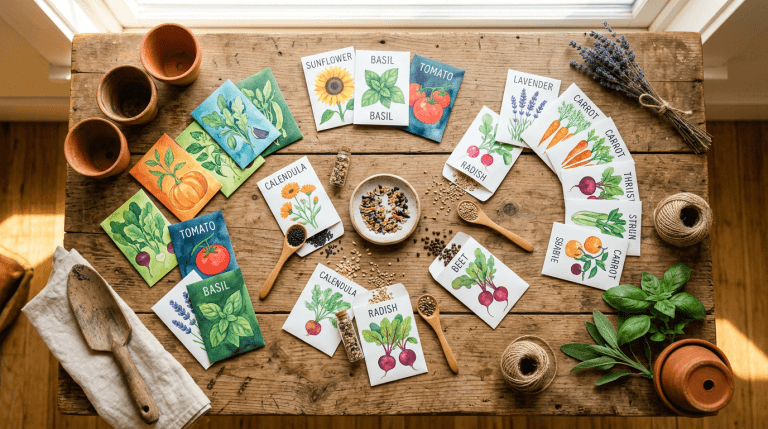 Colorful heirloom seed packets spread out on a wooden surface