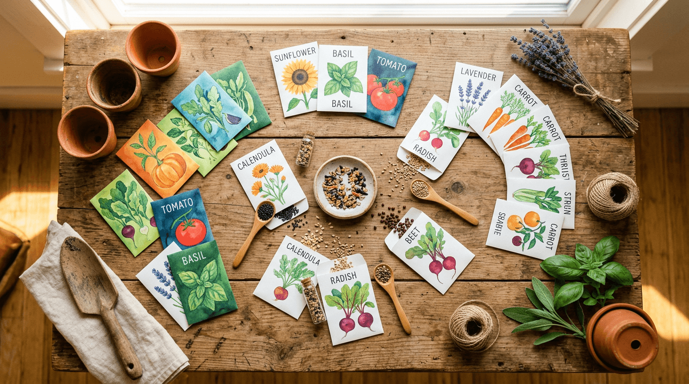 Colorful heirloom seed packets spread out on a wooden surface