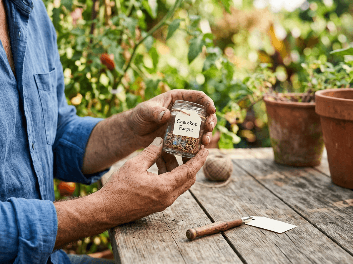 Hands holding a jar of saved heirloom tomato seeds