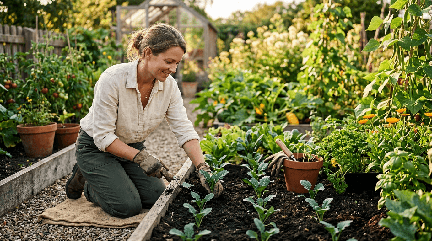 Gardener planting kale seedlings in late summer garden bed