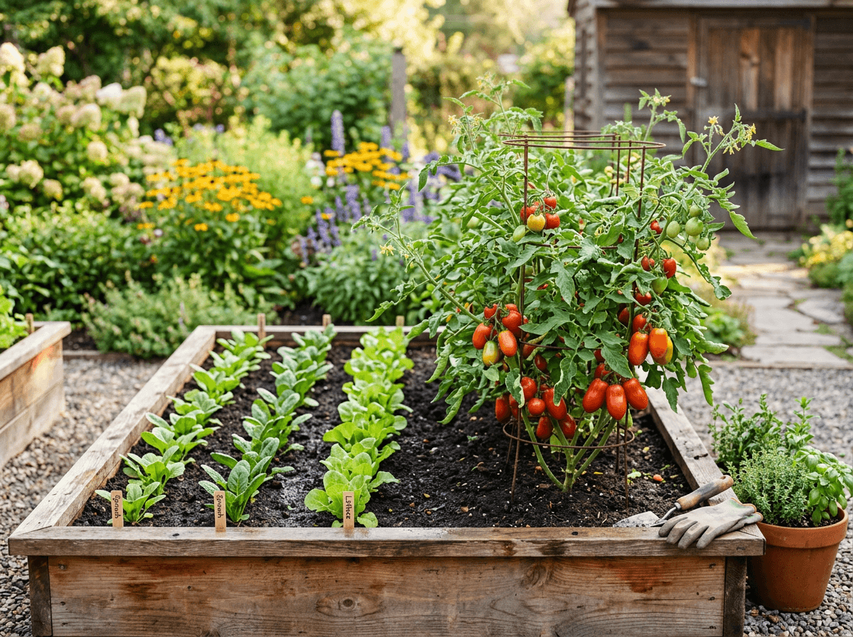 A raised bed with fall seedlings planted next to a still-producing summer tomato