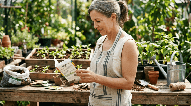 Gardener reading the back of a seed packet at a potting bench