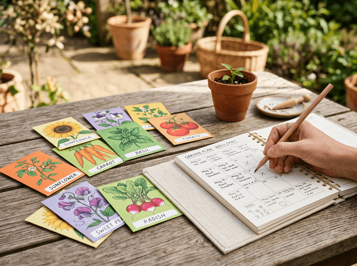Seed packets and a garden planner - reading packets carefully before ordering saves time and money.