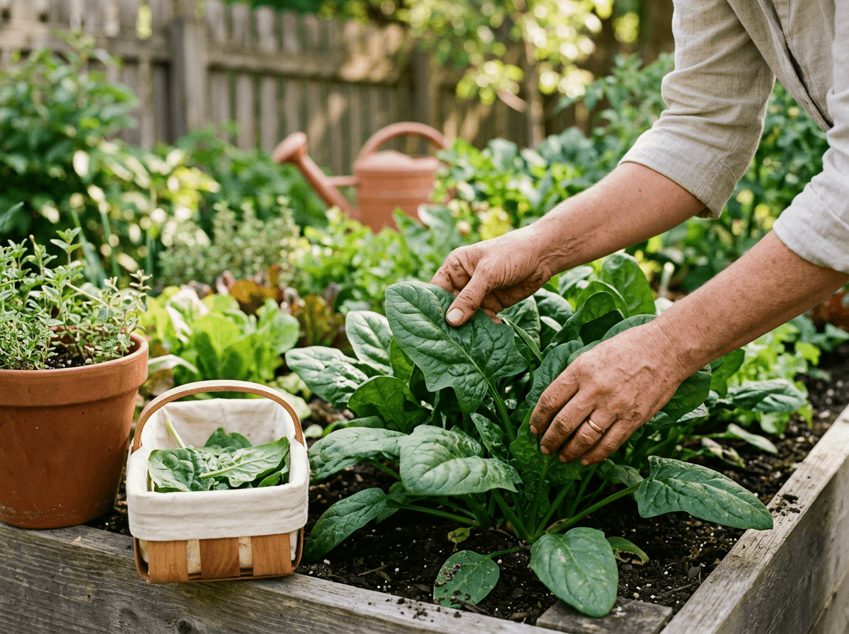 Harvesting outer spinach leaves by hand