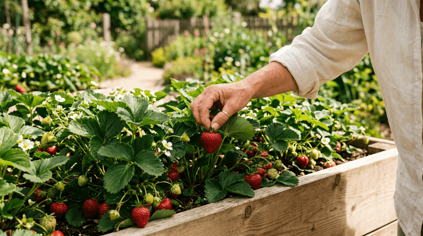 Hand picking a ripe strawberry from a raised bed