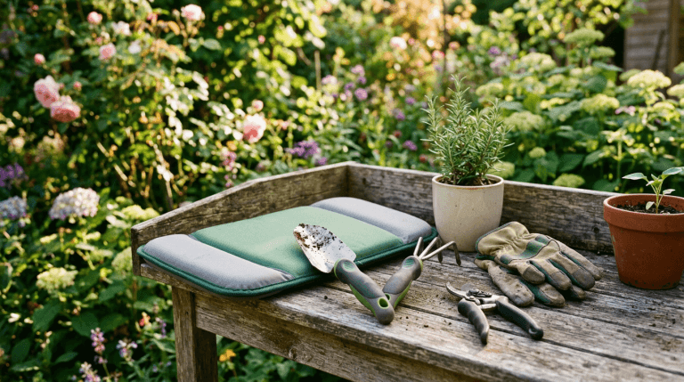 Ergonomic garden tools and a kneeling pad for senior gardeners
