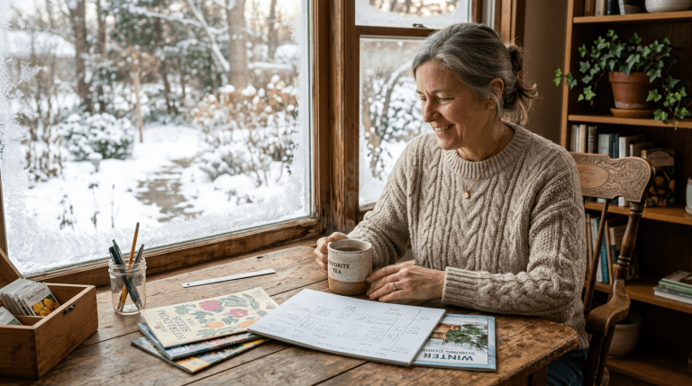 Gardener planning next season with seed catalogs and garden sketch