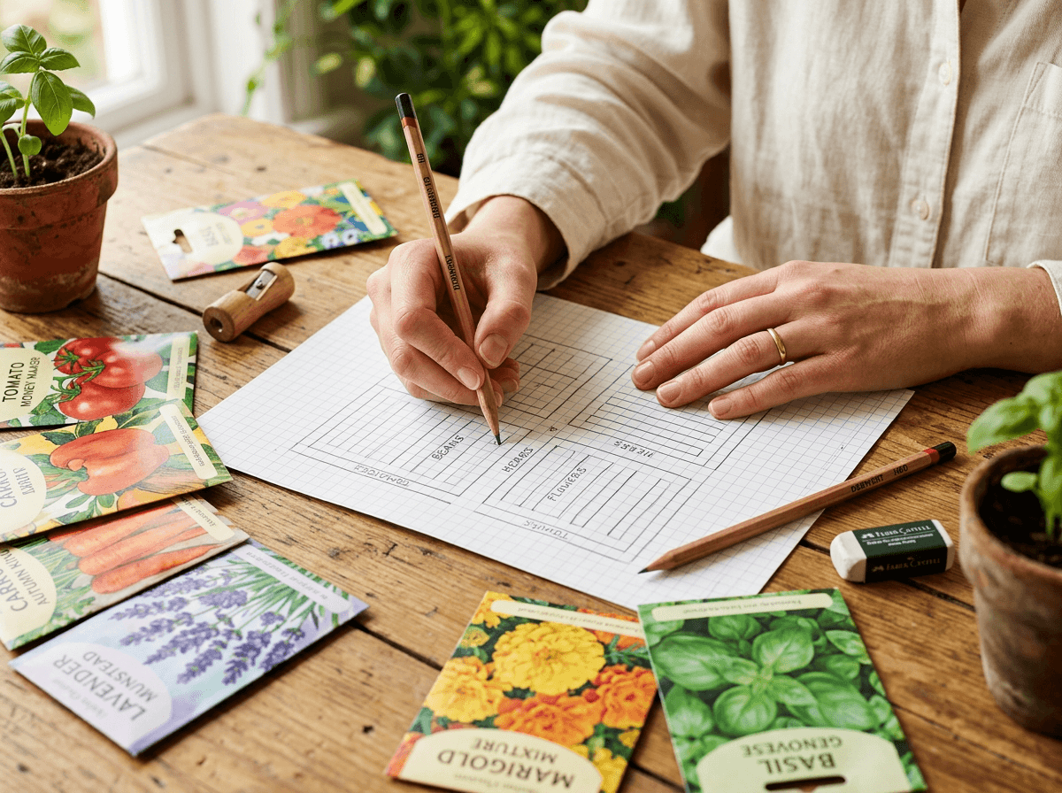 Hands drawing a garden layout surrounded by seed packets