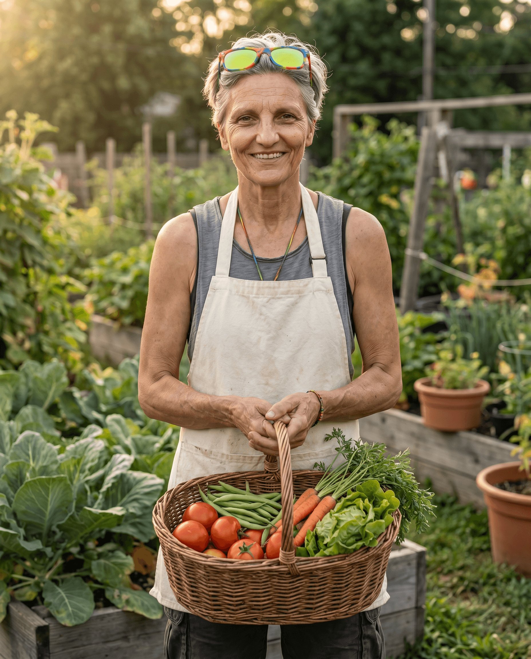 The gardener behind GardenHackLab holding fresh vegetables