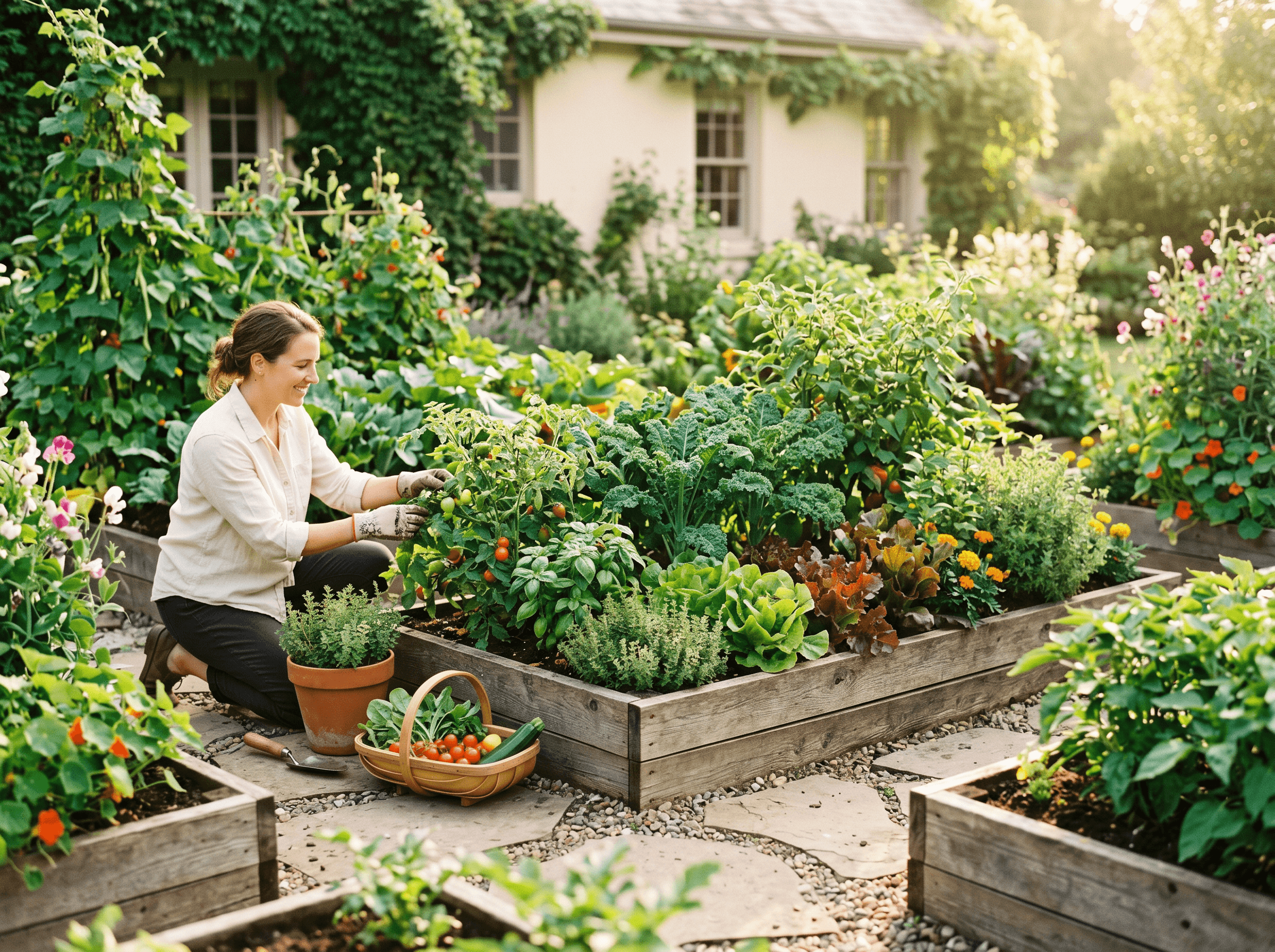Lush home vegetable garden in morning light