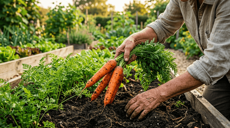 Gardener harvesting fresh orange carrots from a raised bed garden