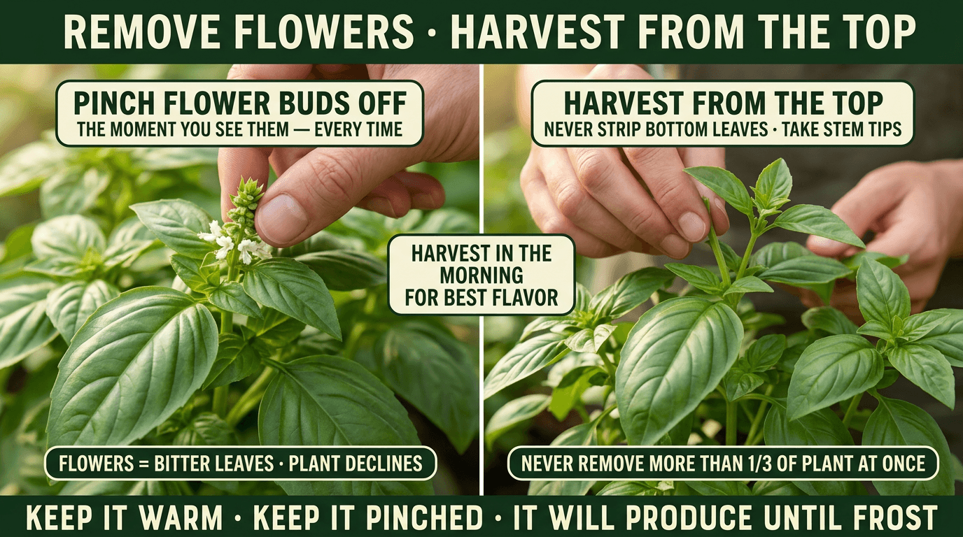 Basil care: pinch flower buds off the moment you see them, harvest stem tips from the top never bottom leaves