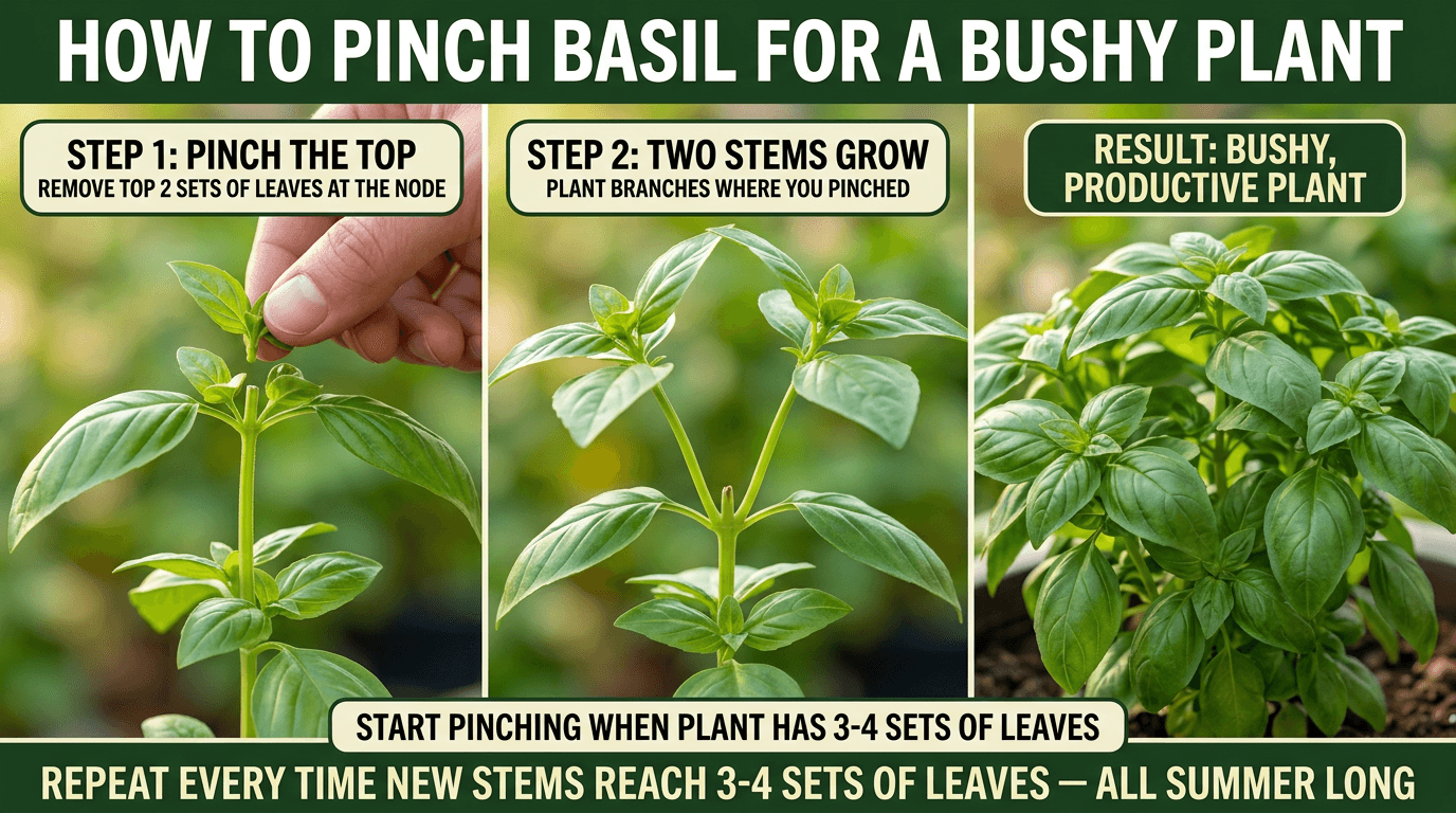 How to pinch basil: remove top 2 leaf sets at the node, two stems grow back, result is a bushy productive plant