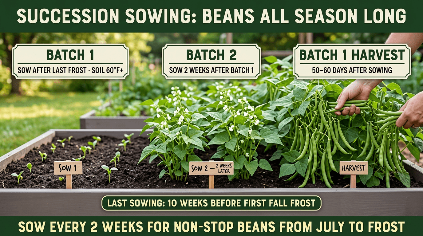 Succession sowing beans every 2 weeks for continuous harvest from July to frost