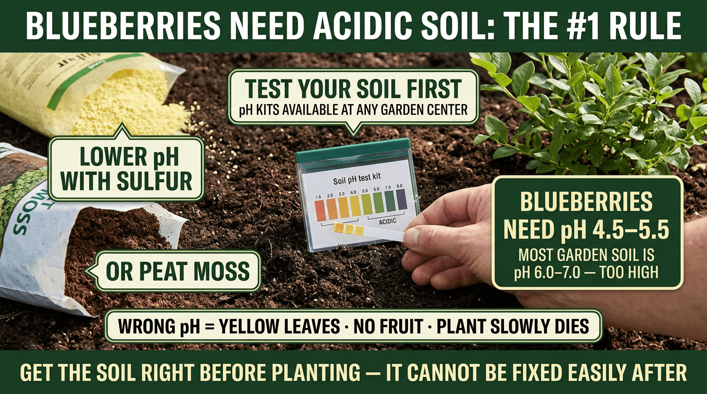 Blueberries need acidic soil pH 4.5-5.5: test first, lower with sulfur or peat moss