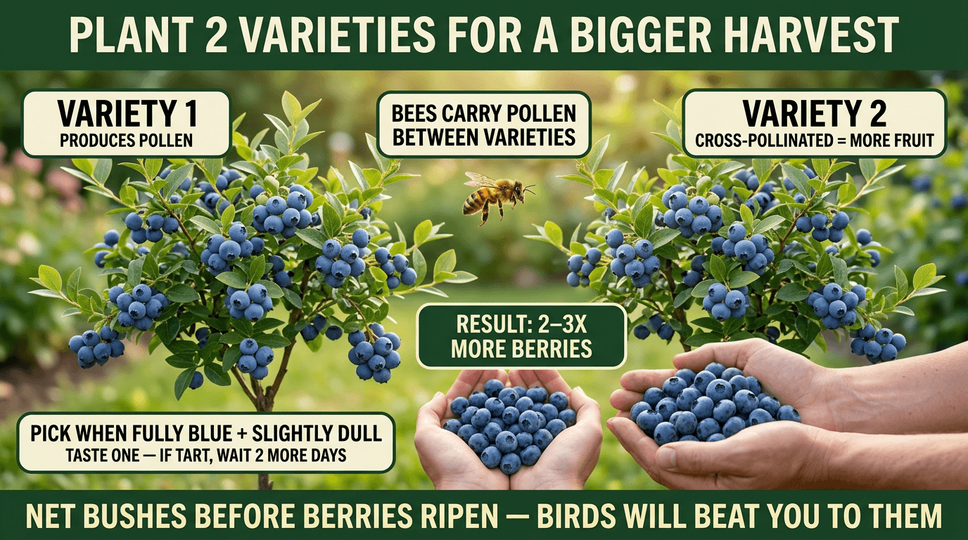 Plant 2 blueberry varieties together for cross-pollination and 2-3x more berries, net before birds get them