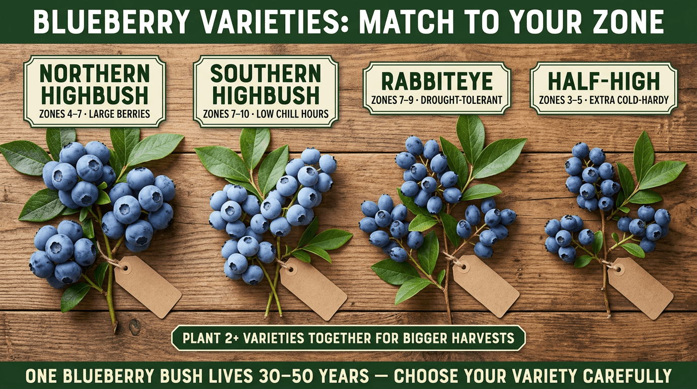 Blueberry varieties by zone: Northern Highbush 4-7, Southern Highbush 7-10, Rabbiteye 7-9, Half-High 3-5