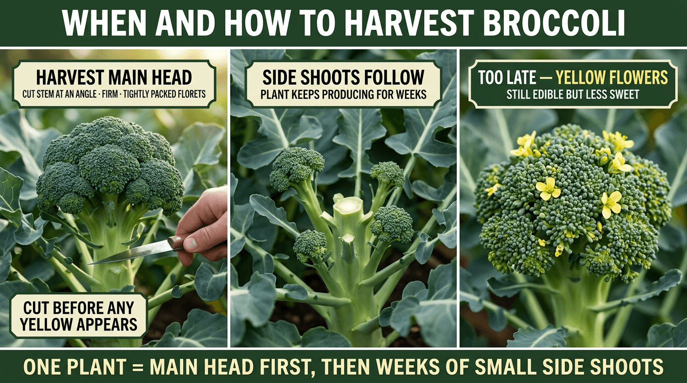 When to harvest broccoli: cut main head before yellow, side shoots follow for weeks, yellow flowers means too late