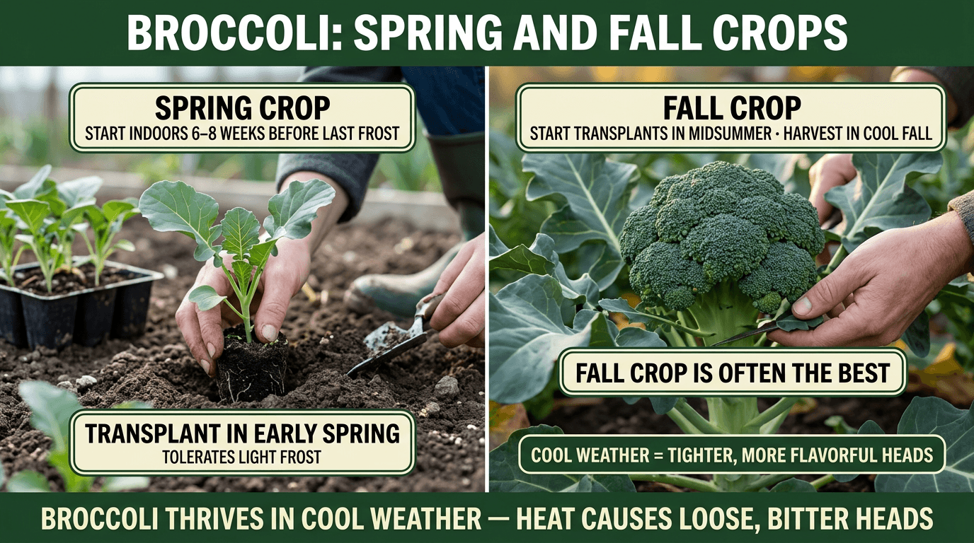 Broccoli spring and fall crops: start indoors 6-8 weeks before frost, fall crop often best with cool weather