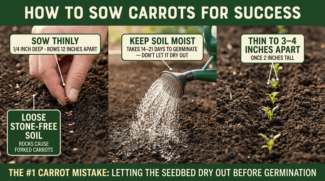 How to sow carrots: place seeds individually 1/4 inch deep, keep moist for 14-21 days, thin to 3-4 inches