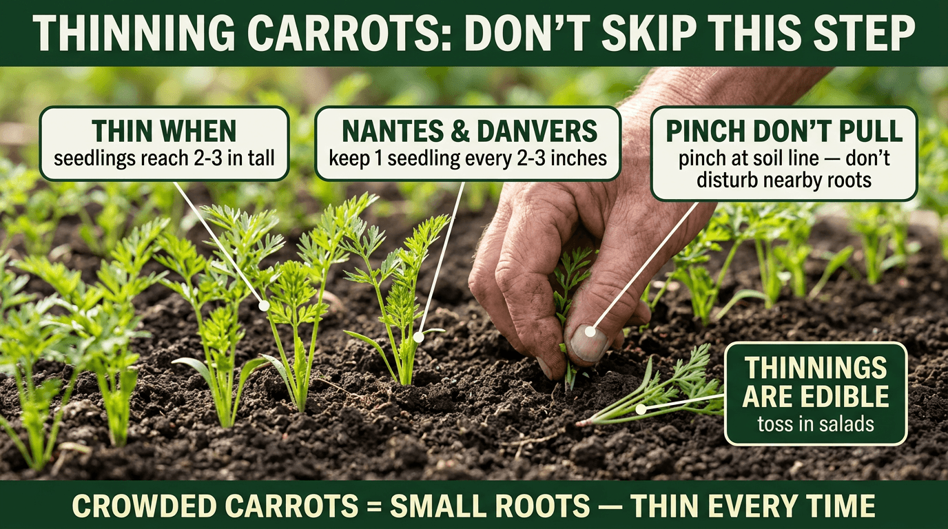 How to thin carrot seedlings - pinch at soil line every 2-3 inches