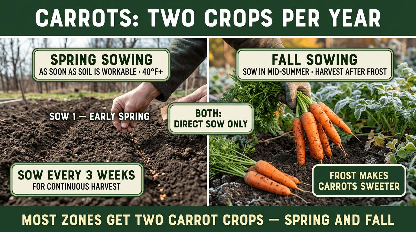Carrots two crops per year: spring sowing at 40F plus and fall sowing for frost-sweetened harvest