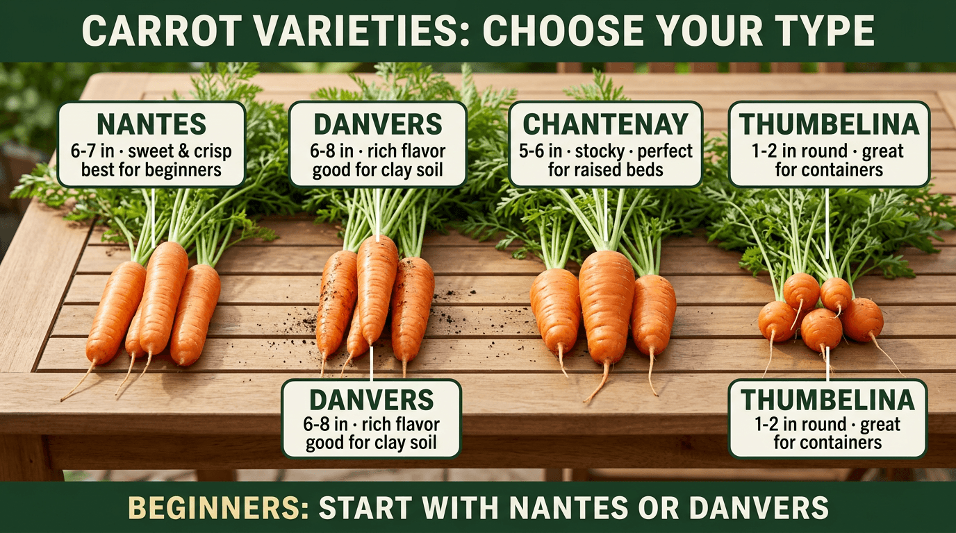 Carrot variety comparison: Nantes, Danvers, Chantenay, and Thumbelina