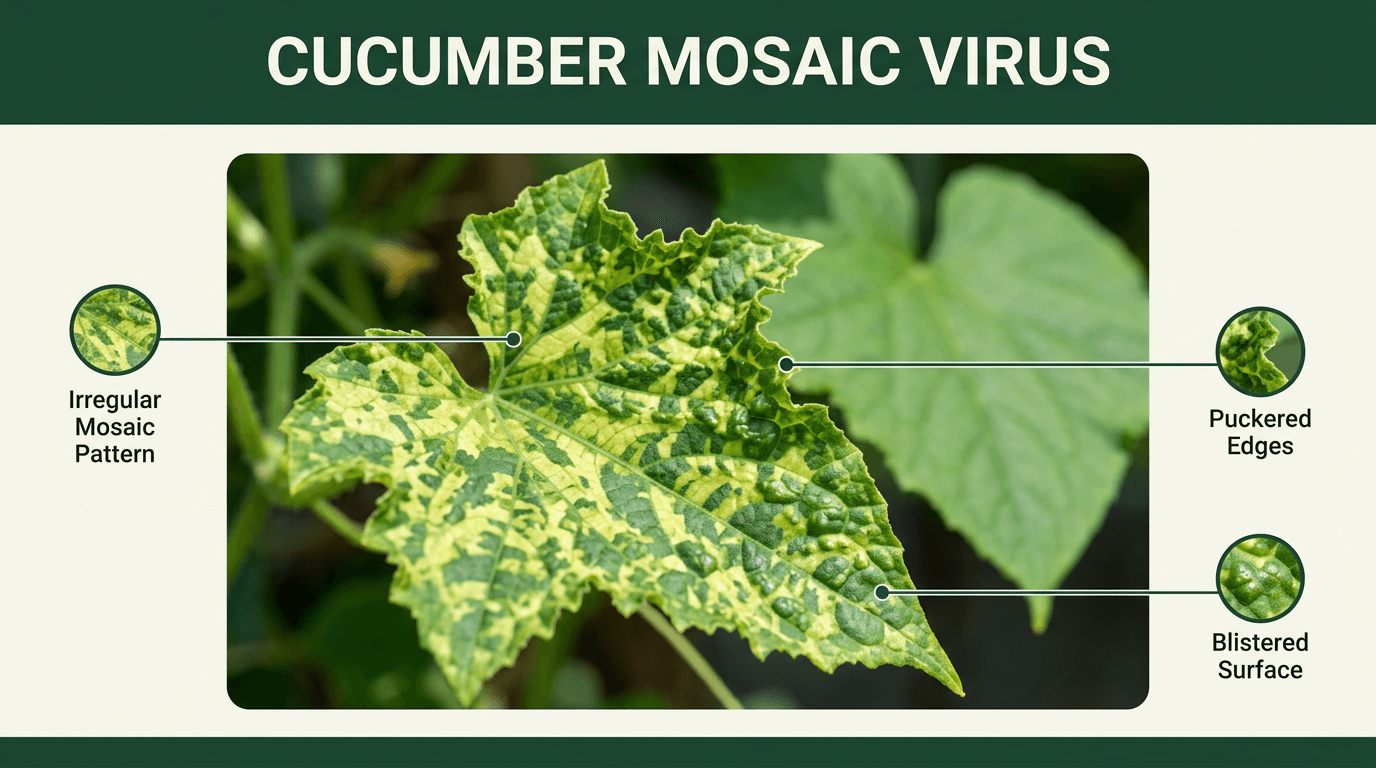 Cucumber leaf showing mosaic virus symptoms: irregular yellow-green patches and puckered edges
