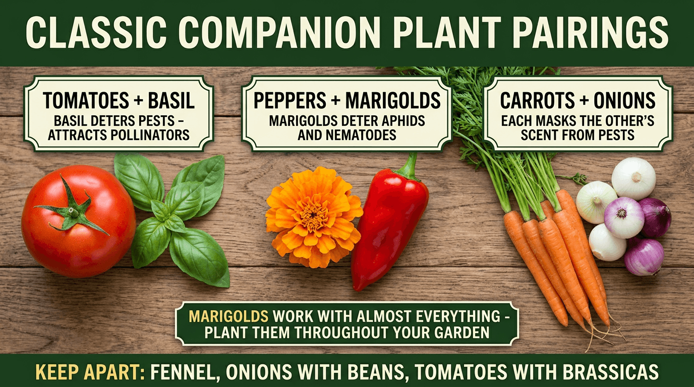 Classic companion plant pairings: tomatoes with basil, peppers with marigolds, carrots with onions