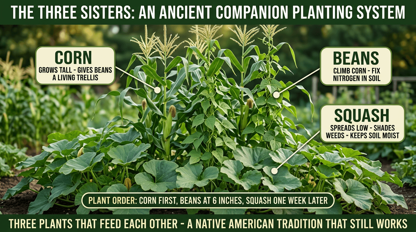 The Three Sisters companion planting: corn gives trellis, beans fix nitrogen, squash shades weeds