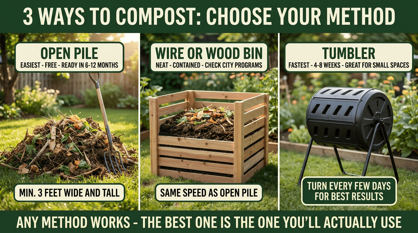 3 ways to compost: open pile easiest 6-12 months, wooden bin neat, tumbler fastest 4-8 weeks