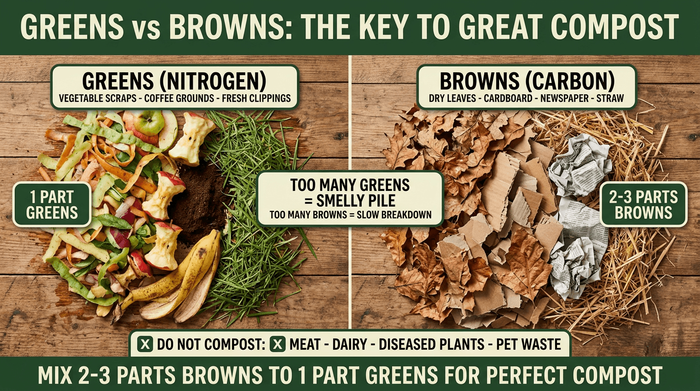 Greens vs browns in composting: 1 part nitrogen-rich greens to 2-3 parts carbon-rich browns for perfect compost