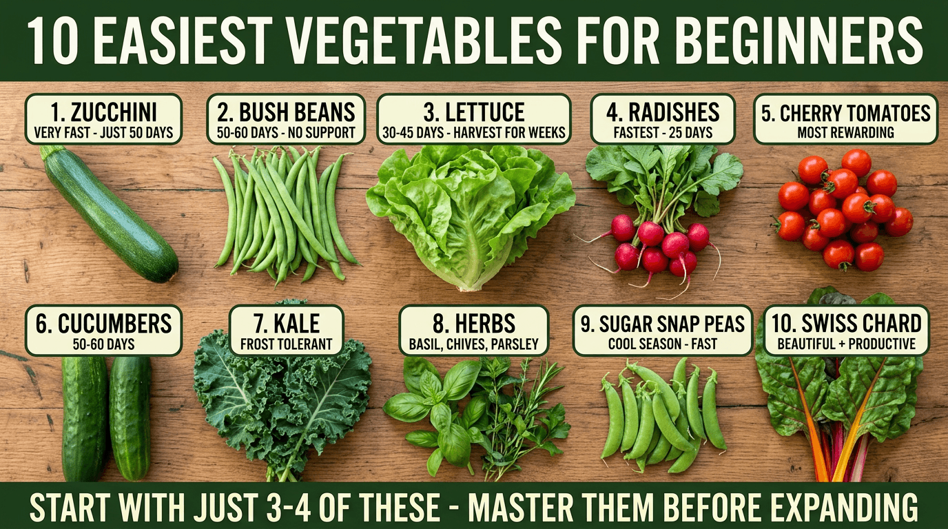10 easiest vegetables for beginners: zucchini, bush beans, lettuce, radishes, cherry tomatoes, cucumbers, kale, herbs, snap peas, Swiss chard