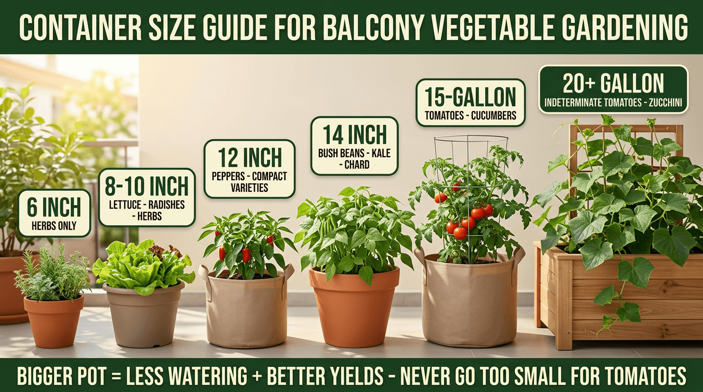 Container size guide for balcony vegetable gardening: 6 inch for herbs, up to 20 gallon for tomatoes