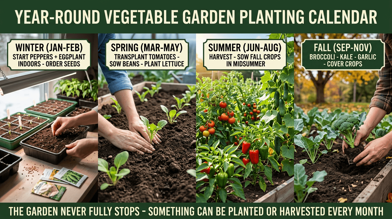Year-round vegetable garden planting calendar: winter seed starting, spring transplanting, summer harvest, fall cool crops