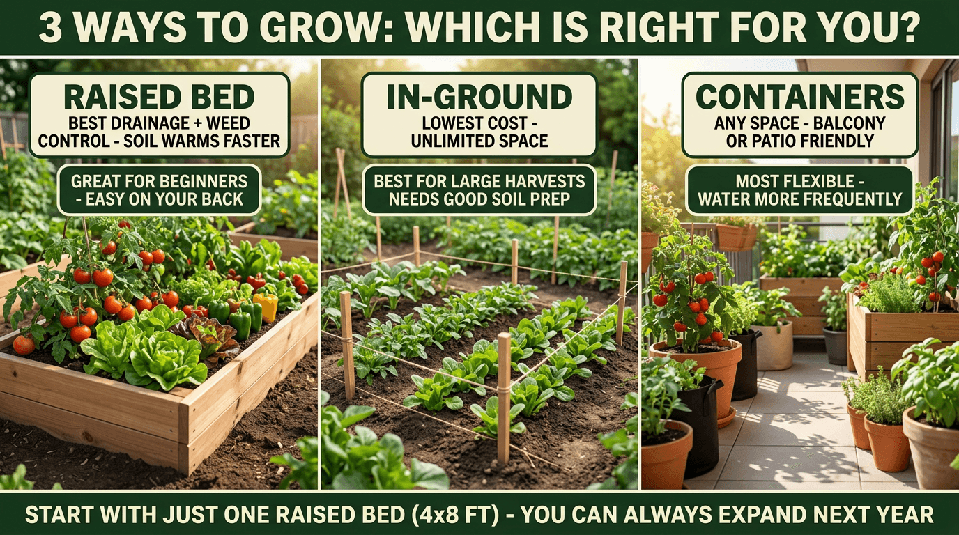 3 ways to start a vegetable garden: raised bed best for beginners, in-ground lowest cost, containers most flexible