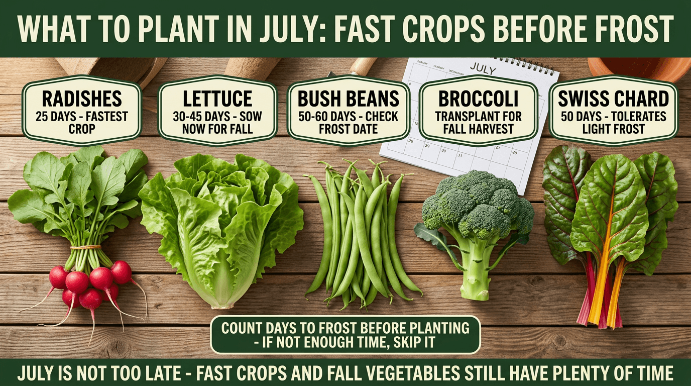What to plant in July: radishes 25 days, lettuce 30-45 days, bush beans, broccoli transplants, Swiss chard