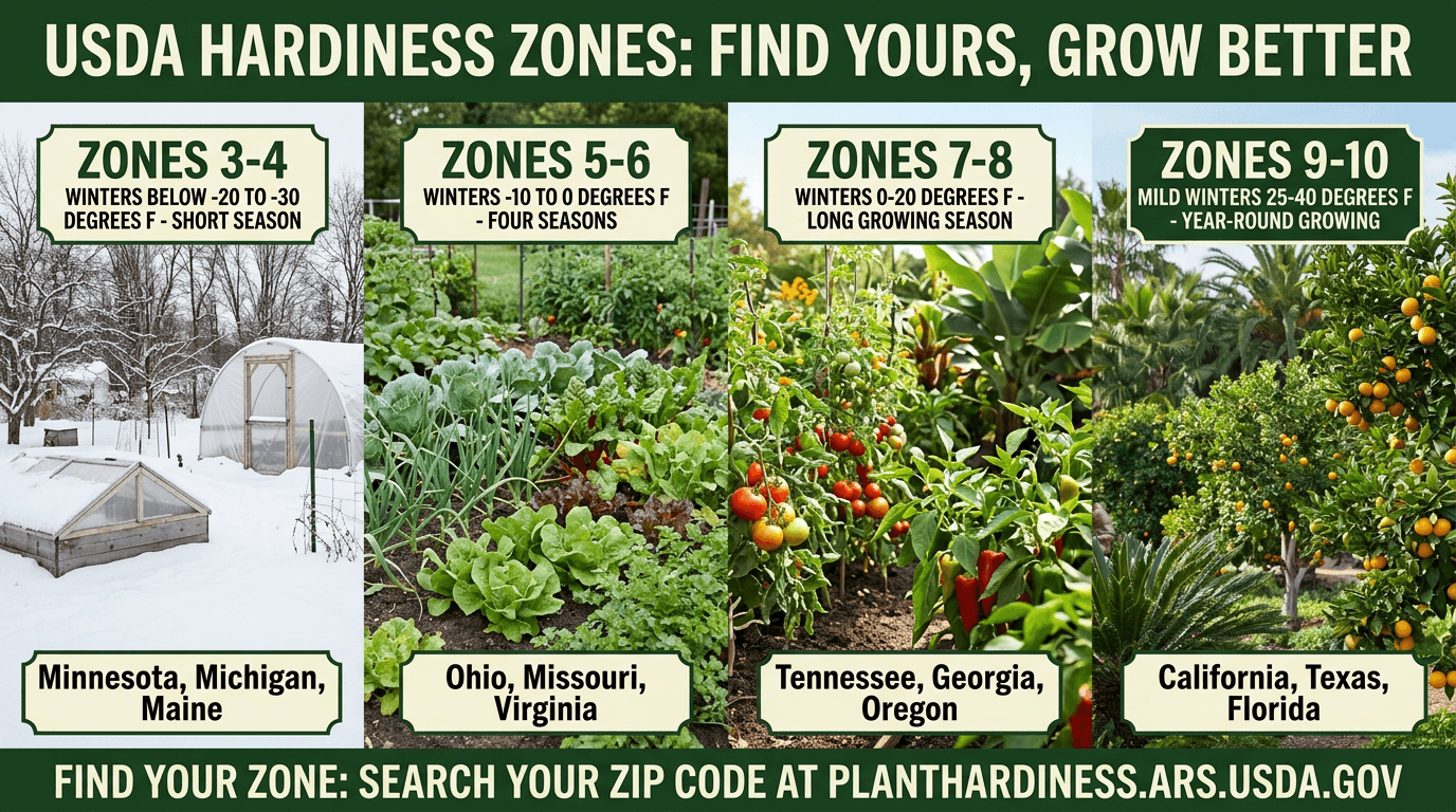 USDA hardiness zones 3-10: four climate zones from snowy Minnesota to year-round growing in California