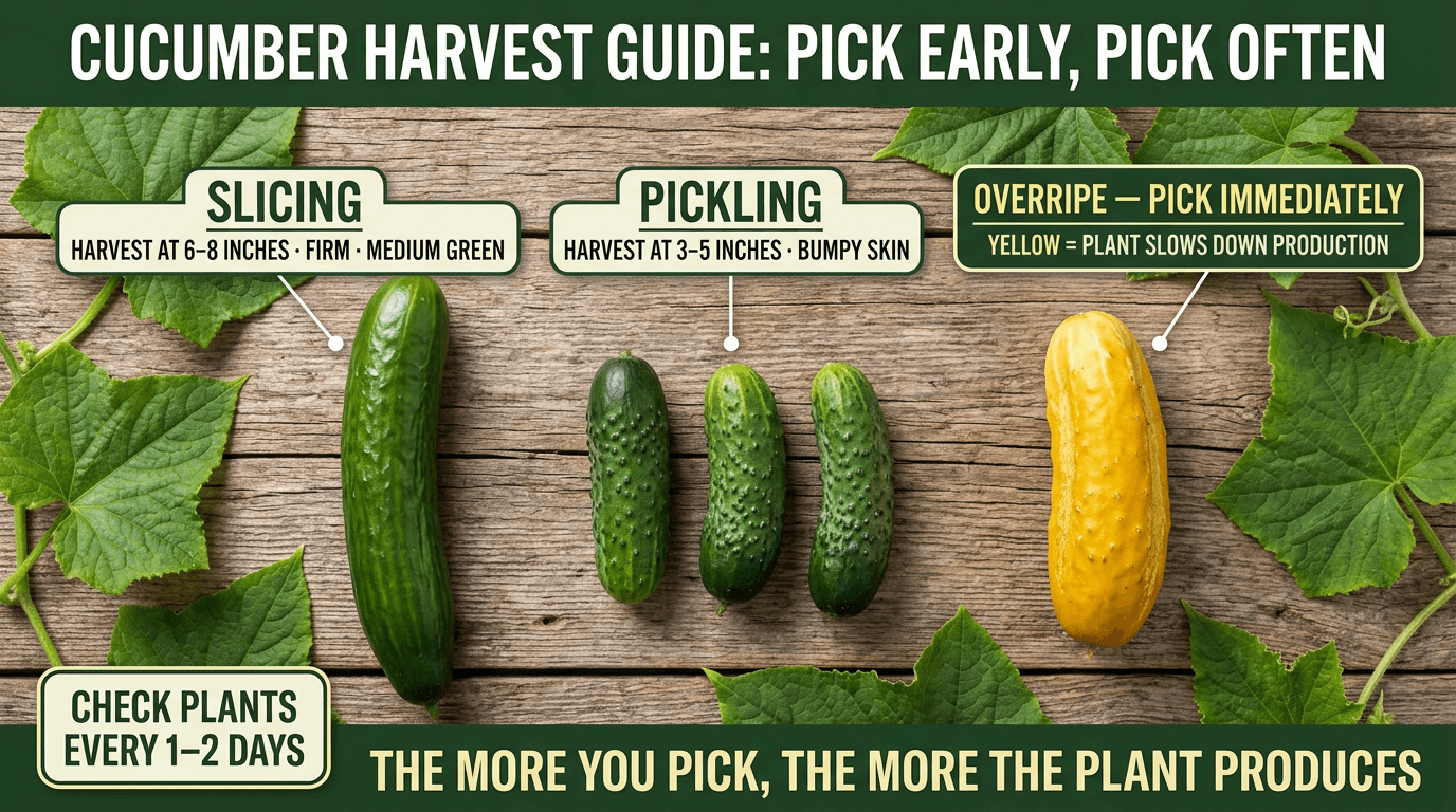 Cucumber harvest guide: slicing 6-8 inches, pickling 3-5 inches, yellow means overripe pick immediately