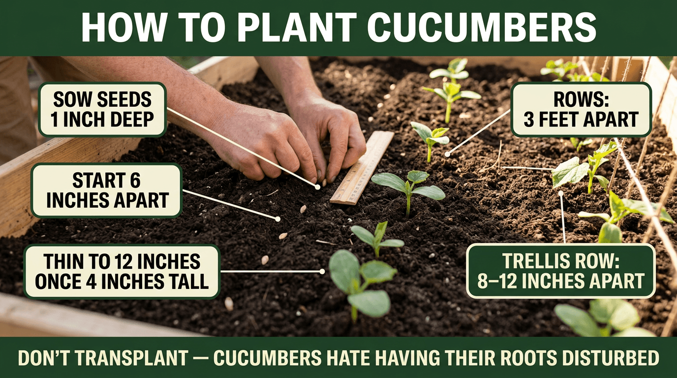 How to plant cucumbers: sow 1 inch deep, 6 inches apart, thin to 12 inches, rows 3 feet apart