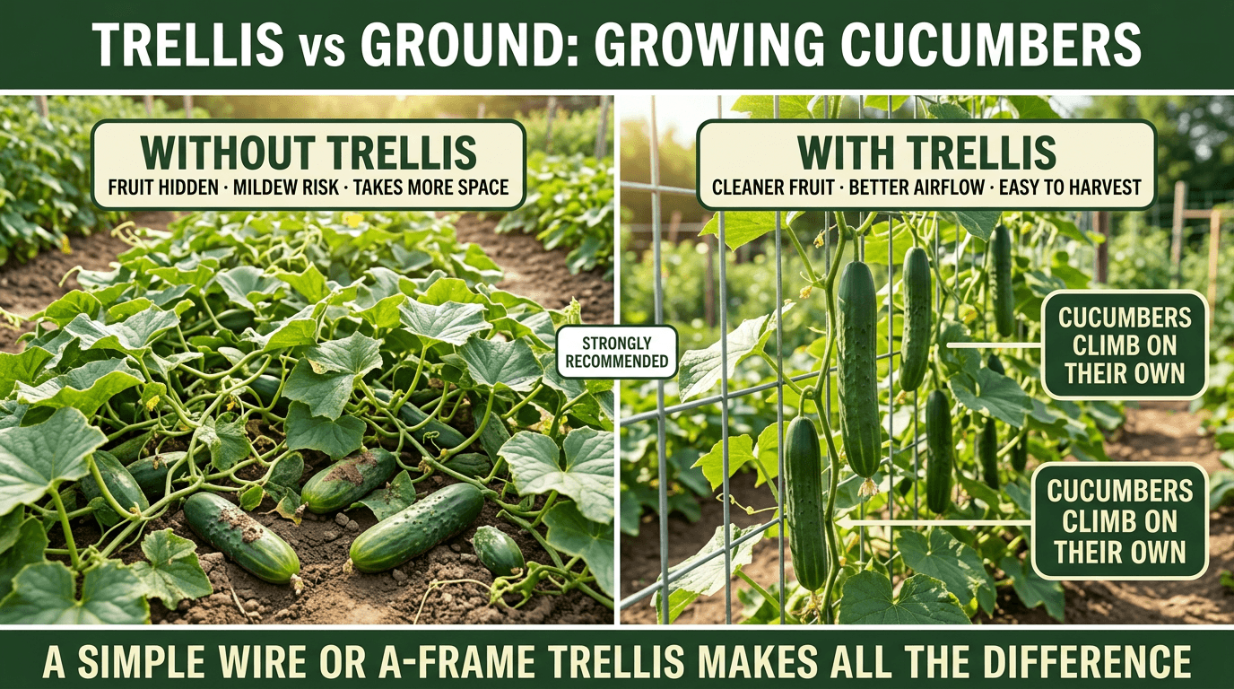 Trellis vs ground growing cucumbers: trellis gives cleaner fruit, better airflow and easier harvest